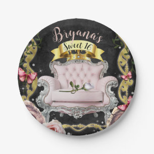Pink Princess Chair Roses & Butterflies Sweet 16  Paper Plate