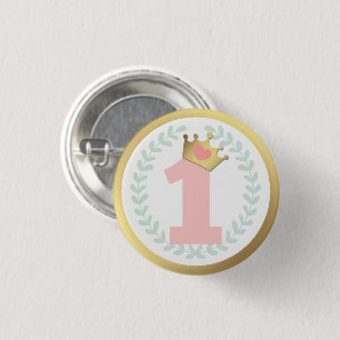 Pink Princess Crown Baby Girl First Birthday 3 Cm Round Badge