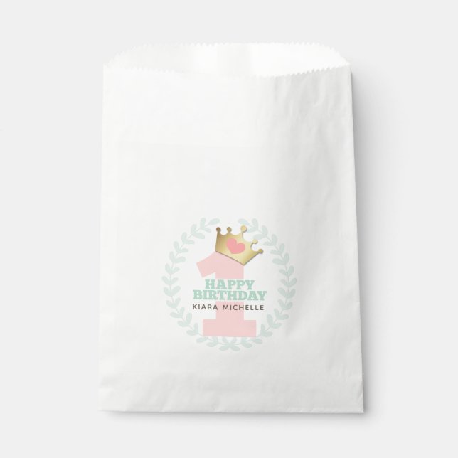 Pink Princess Crown Baby Girl First Birthday Party Favour Bag (Front)