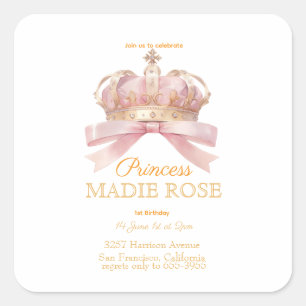 Pink Princess Crown Fairytale Birthday Square Sticker