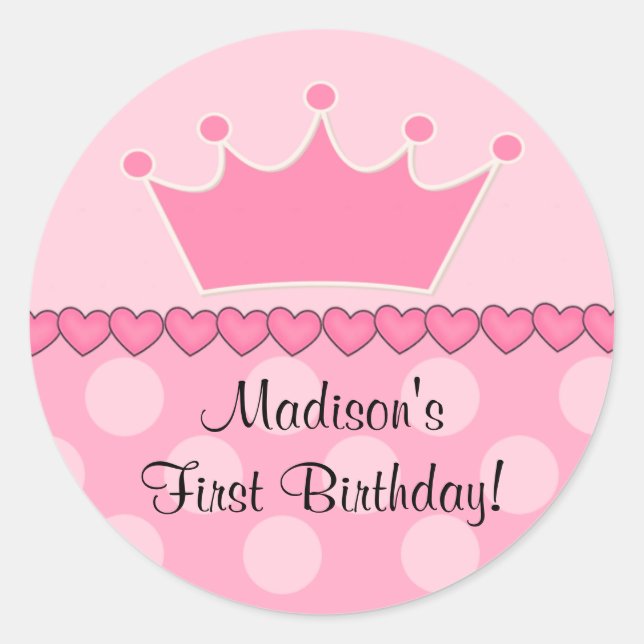 Pink Princess Crown Happy Birthday Sticker (Front)
