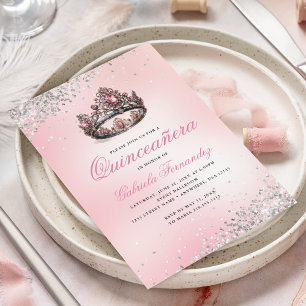 Pink Princess Crown Quinceañera 15th Birthday Invitation