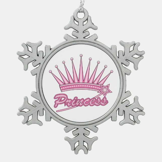 Pink Princess Crown Snowflake Pewter Christmas Ornament (Front)