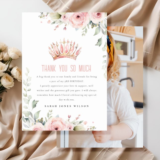 Pink Princess Crown Tiara Floral Photo Birthday Thank You Card (Creator Uploaded)