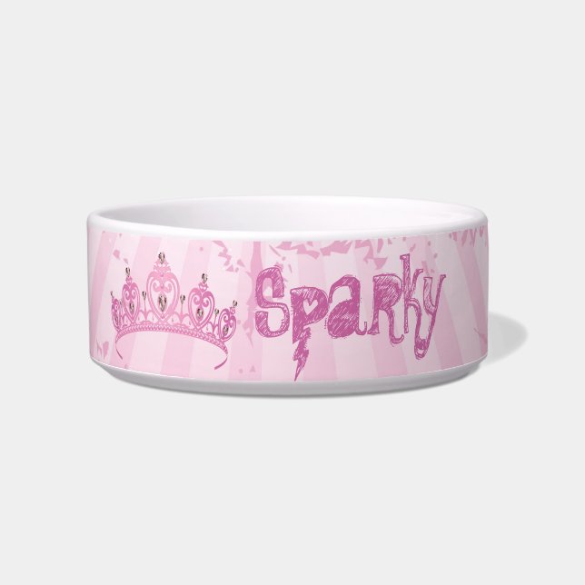 Pink Princess Crown Tiara Jewelled Pet Food Bowl (Front)