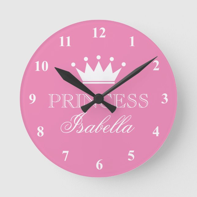 Pink princess crown wall clock for girls bedroom (Front)