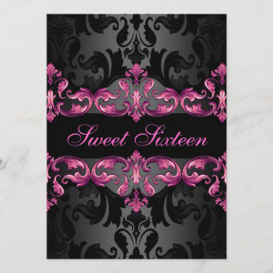 Pink Princess Damask Sweet16 Birthday Invite