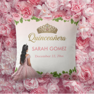 Pink Princess Dress Gold Tiara Quinceañera Cushion