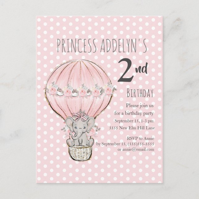 Pink Princess Elephant Balloon Dots 2nd Birthday  Invitation Postcard (Front)
