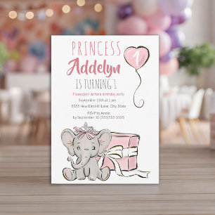 Pink Princess Elephant Child's 1st Birthday Party Invitation