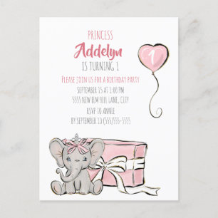 Pink Princess Elephant Child's 1st Birthday Party Invitation Postcard