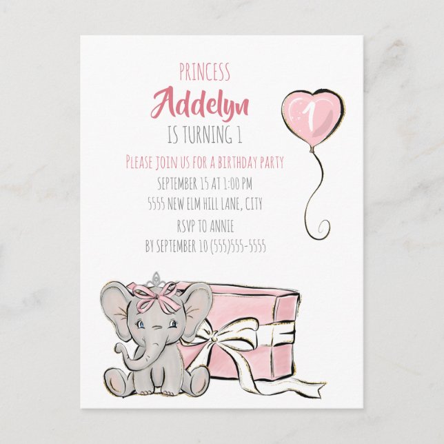 Pink Princess Elephant Child's 1st Birthday Party Invitation Postcard (Front)