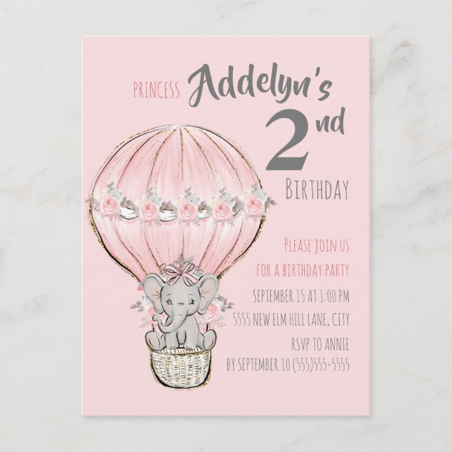 Pink Princess Elephant Hot Air Balloon Birthday Invitation Postcard (Front)