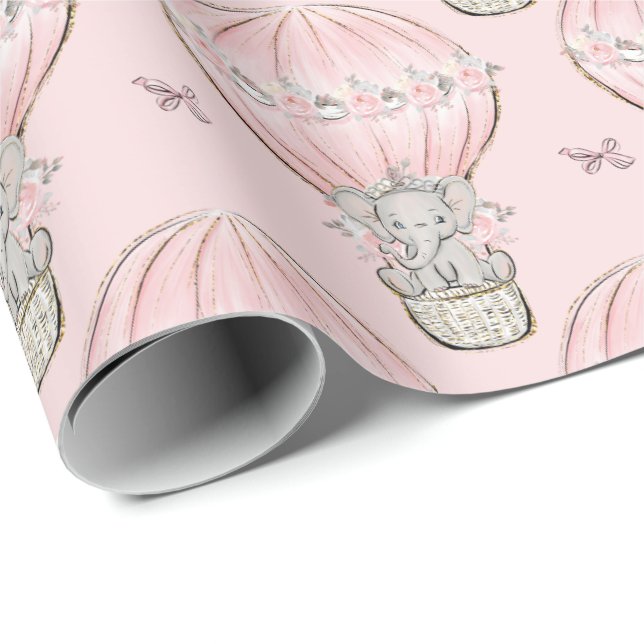 Pink Princess Elephant Hot Air Balloon  Wrapping Paper (Roll Corner)