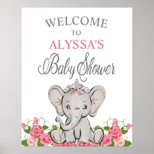 Pink Princess Elephant Tiara Baby Shower Welcome Poster