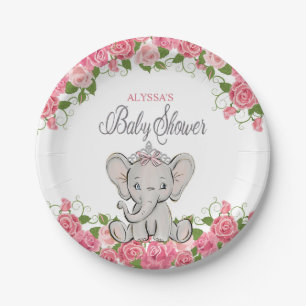 Pink Princess Elephant Tiara Girl Baby Shower Paper Plate