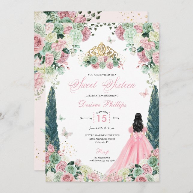 Pink Princess Enchanted Garden Sweet Sixteen Invitation (Front/Back)