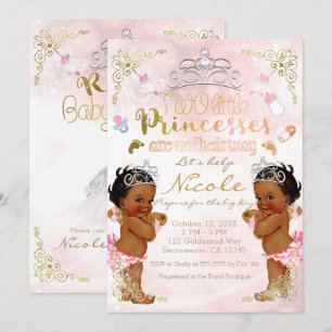Pink Princess Ethnic Dark Twin Girls Baby Shower Invitation