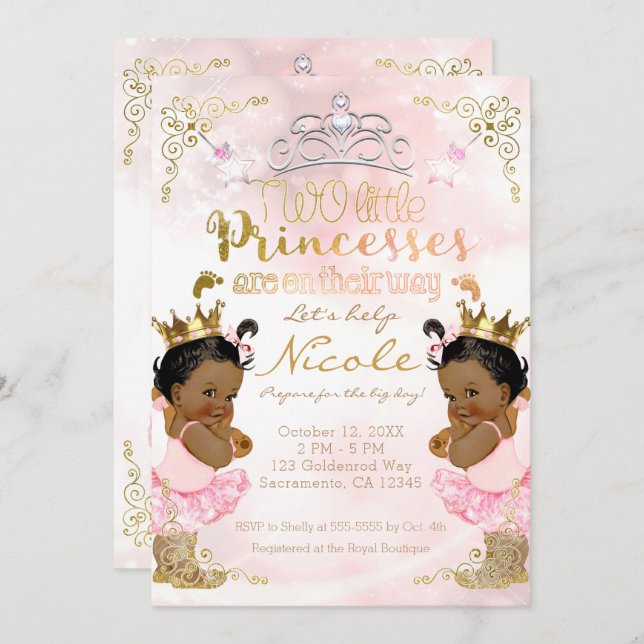 Pink Princess Ethnic Dark Twin Girls Baby Shower Invitation (Front/Back)