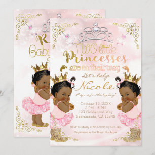 Pink Princess Ethnic Dark Twin Girls Baby Shower Invitation