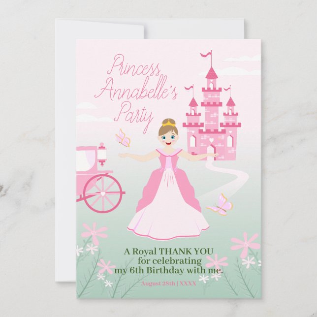 Pink Princess Fantasy Birthday Party Thank You Card (Front)