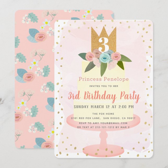 Pink Princess Floral Cake Girl Birthday Invitation (Front/Back)