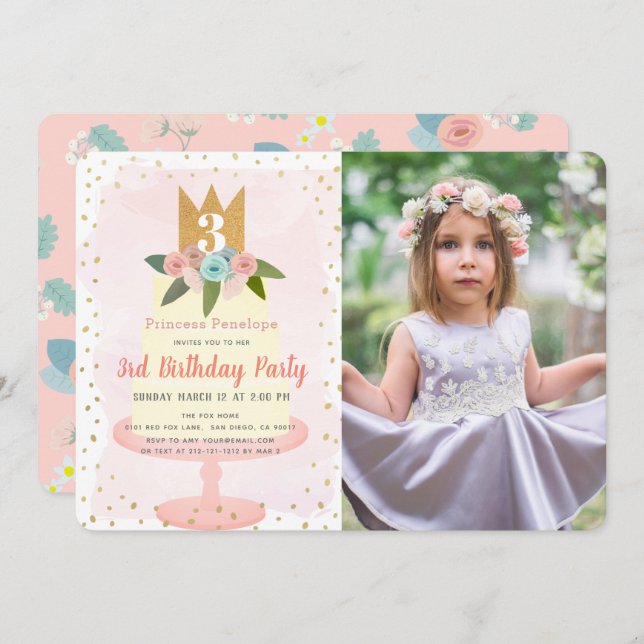 Pink Princess Floral Cake Girl Photo Birthday Invitation (Front/Back)