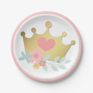 Pink Princess Gold Crown & Pastel Flowers Birthday Paper Plate