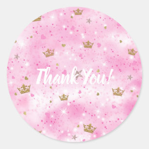 Pink Princess Hearts Stars & Crowns Birthday Party Classic Round Sticker