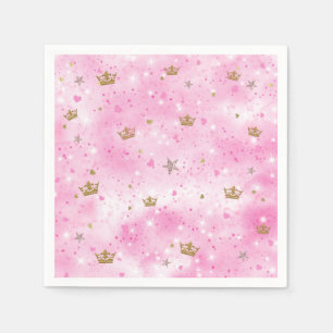 Pink Princess Hearts Stars & Crowns Birthday Party Napkin