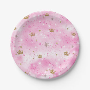 Pink Princess Hearts Stars & Crowns Birthday Party Paper Plate