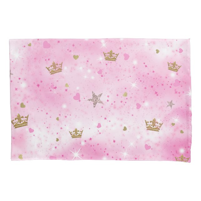 Pink Princess Hearts Stars Crowns Glitter Sparkle Pillowcase (Front)