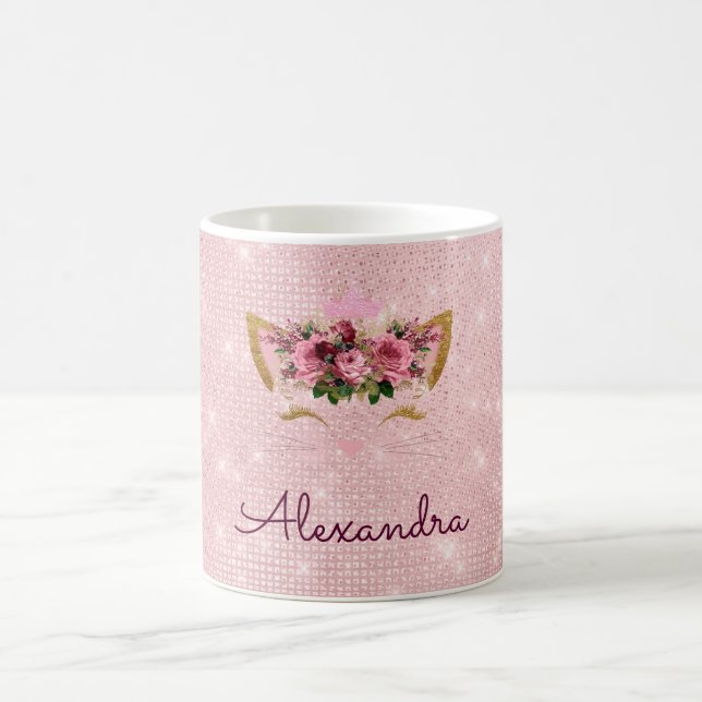 Pink Princess Kitten Rose Gold Blush Pink Glitter Coffee Mug (Center)
