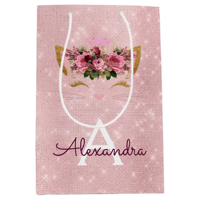 Pink Princess Kitten Rose Gold Blush Pink Glitter Medium Gift Bag (Front)