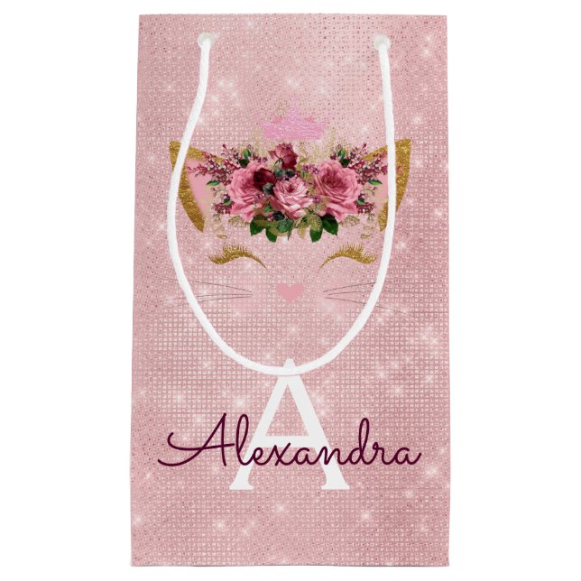 Pink Princess Kitten Rose Gold Blush Pink Glitter Small Gift Bag (Front)