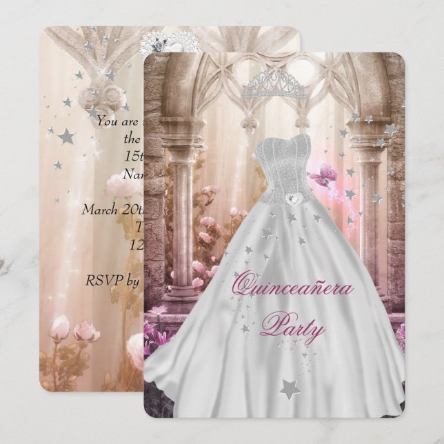 Pink Princess Magical Quinceanera 15th Birthday Invitation (Front/Back)