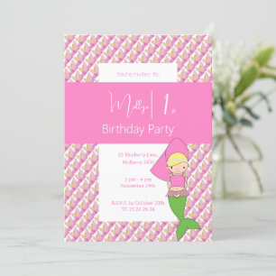 Pink Princess Mermaid 1st Birthday Party Invitation