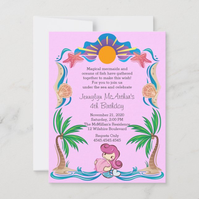PInk Princess Mermaid Birthday Party Invitation (Front)