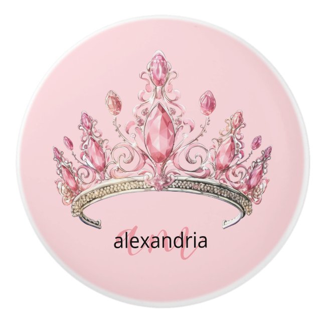 Pink Princess Monogram Tiara Girly Ceramic Knob (Front)
