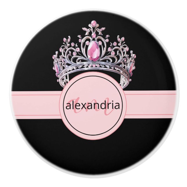 Pink Princess Monogram Tiara Girly Ceramic Knob (Front)