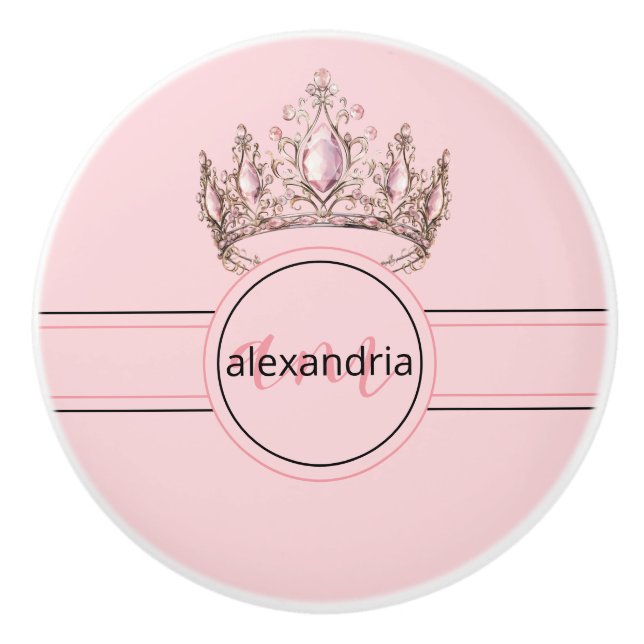 Pink Princess Monogram Tiara Girly Ceramic Knob (Front)