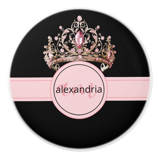 Pink Princess Monogram Tiara Girly Ceramic Knob (Front)