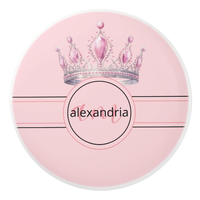 Pink Princess Monogram Tiara Girly Ceramic Knob (Front)