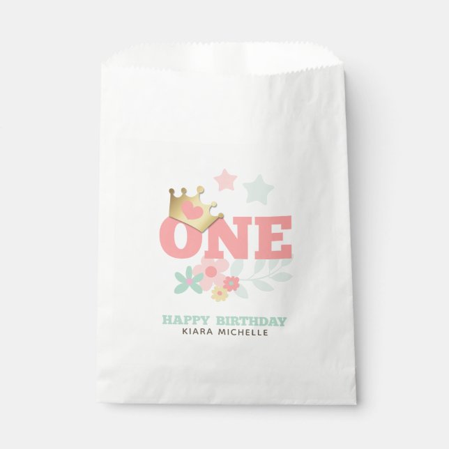Pink Princess "One" Crown Baby Girl First Birthday Favour Bag (Front)