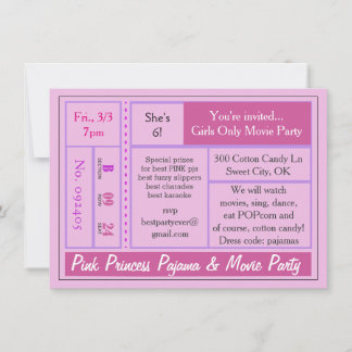 Pink Princess Pajama and Movie Party Invite