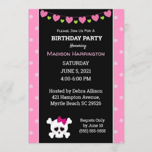 Pink Princess Pirate  Skull  Birthday Invitation