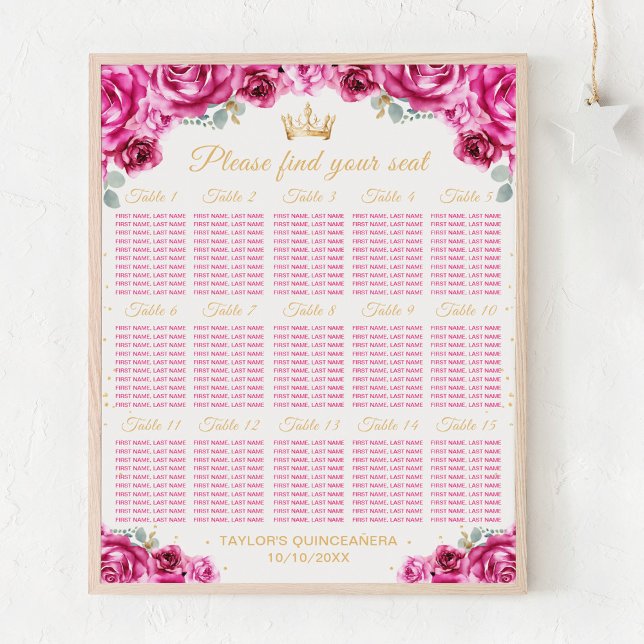 Pink Princess Quinceañera 15 Table Seating Chart (Creator Uploaded)
