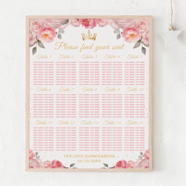Pink Princess Quinceañera 15 Tables Seating Chart (Creator Uploaded)