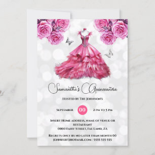 Pink princess Quinceañera fantasy ballgown roses Invitation