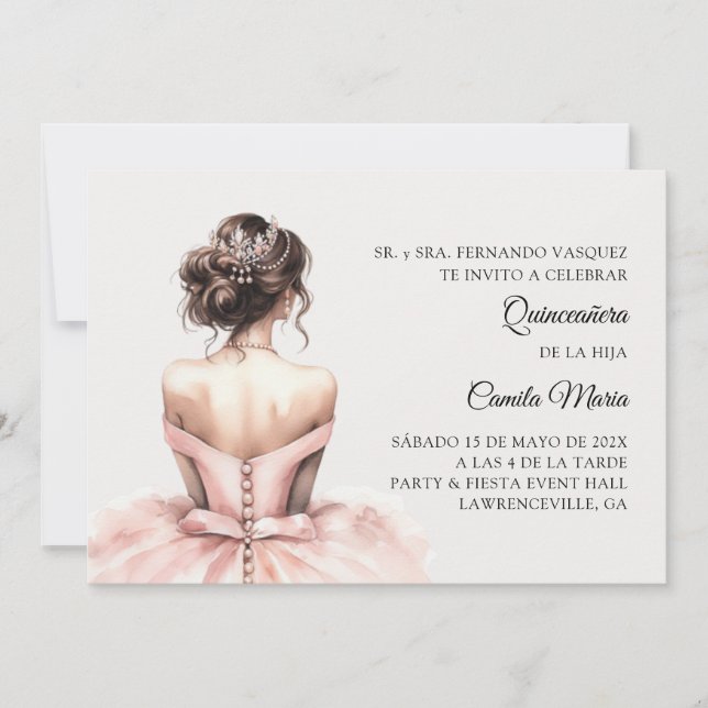 Pink Princess Quinceañera Spanish 15th Birthday Invitation (Front)